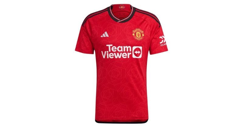 Manchester United home shirt 2023-24 red home shirt with black adidas striped sleeves and lined pattern on shirt